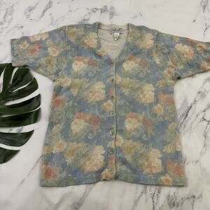 Gabriella T Vintage 90s Cardigan Sweater Size L Blue Peach Floral Linen Blend